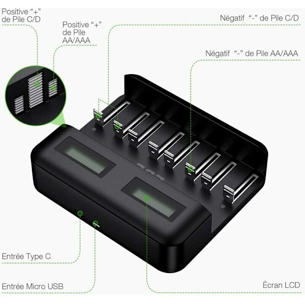 LCD Universal Batterioplader - Oplader til AA/LR6, AAA/LR3, C/R14, D/R20 Ni-MH Genopladelige Batterier, Batteri Detektor Teknologi