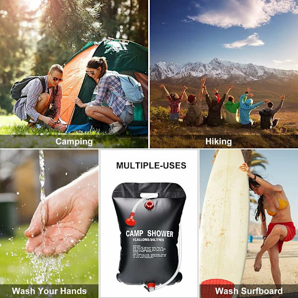 Camping Solarduschpåse, 20L Camping Solarduschpåse Utomhus Bärbar Fällbar Påse med Omkastbar Flexibel Duschhuvud Slang Temperatur 45°C för