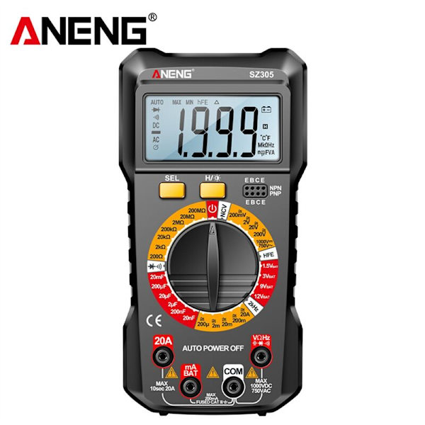 SZ305 1999 Tæller Multimeter Kondensator Tester Smart Voltmeter AC/DC Spænding Strøm Modstand Ohm Testværktøjer Sort