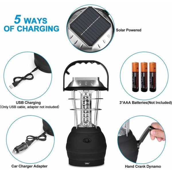 Solcellelykt, Ultra Bright LED Campinglampe, 2 Justerbare Lysmoduser, 5 Lademetoder, med Håndsveiv Dynamo, Lang Lystid for Campin