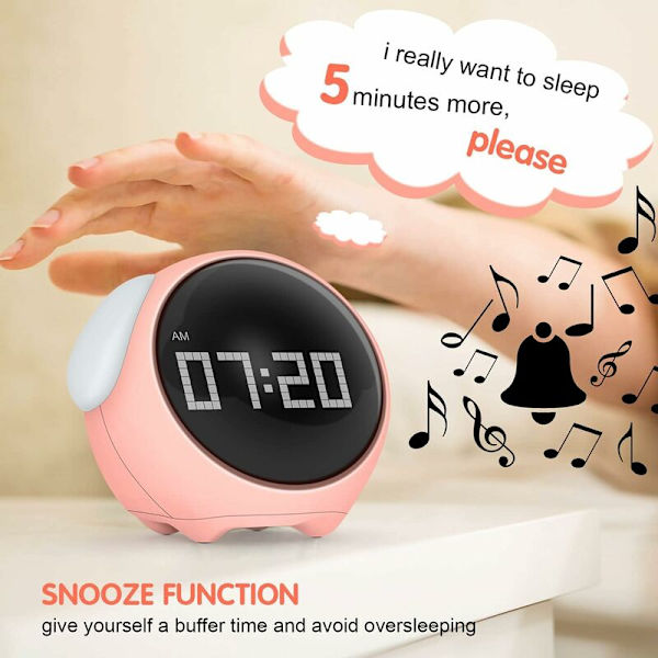 Barnalarmklocka, 2 Alarmklockor, Automatisk Tid/Temperaturvisning, USB Laddningsbar, Alarmklocka med Nattlampa och Snooze-funktion