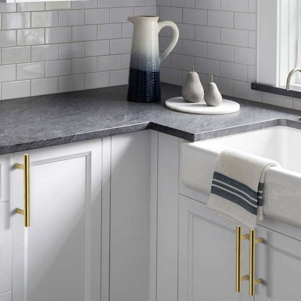 Børstet Messing Køkken Skabsdørsgreb Rustfrit Stål T-Formet Knapper Centerafstand 96MM - 1 stk