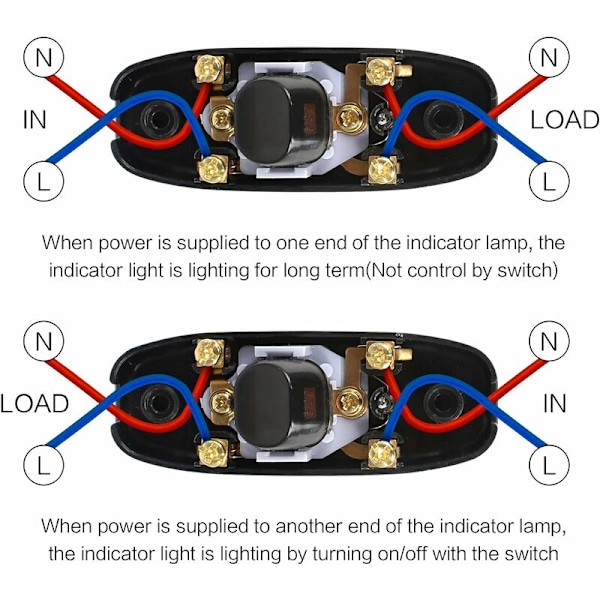 6 stk. Lampeknap, Vippeknap 250V 10A Ledningsledning Vippeknap Mellemknap med Led-indikator (Sort) HIASDFLS