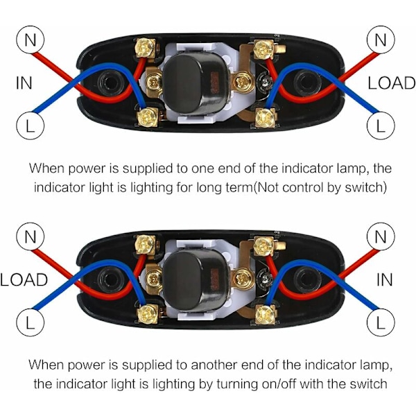 6 stk Lampeknapp, Vippebryter 250V 10A Ledningsledning Vippbryter Mellombryter med Led-indikator (Svart) HIASDFLS