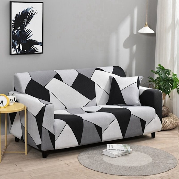 Svartvitt sofföverdrag i polyester, elastiskt sofföverdrag, soffskydd (L)