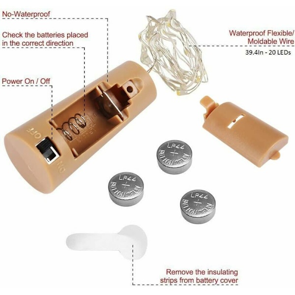 6 stk. LED-flaske lys, 20 LED-lys 100 cm varmt hvidt lysstreng kobbertråd batteridrevet vinflaske lys med korkguirlande til DIY jul