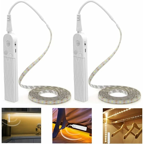 2-pack skåpsbelysning, 300 cm/10 fot LED-remsa för säng, trappor, garderob med rörelsesensor, 5V USB- och batteridriven nattbelysning för garderob, vattentät