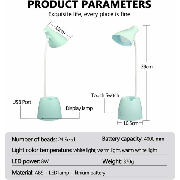 LED-skrivbordslampa, skrivbordslampor med 3 belysningslägen och steglös dimning, 360° flexibel svanhals skrivbordslampa med pennhållare och mobiltelefonhållare (grön