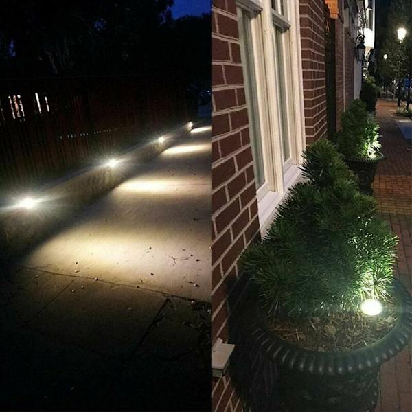 Set med 6 solcells-LED-strålkastare infällda i marken - Rund - Diameter: 85 mm - Yttre beständig mot basen - Rostfritt stål front - 6 solceller li