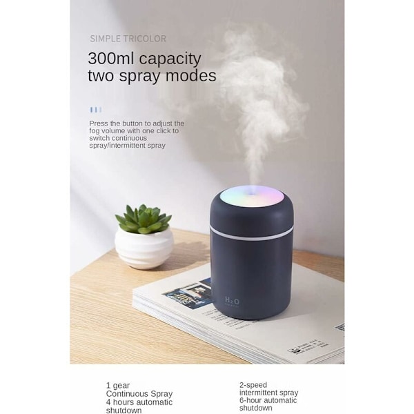 Färgglad Cool Mini Söt Luftfuktare USB 300ml Bärbar med 7 Färger 2 Dimma Läge Ultra Tyst Lämplig för Hem Bil Sovrum Kontor och Resor (Grå)