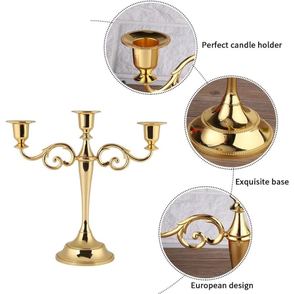 Metal lysestage 3-armet lysestage Antik søjle kandelaber lysestage Chic dekoration til bryllup dekoration (guld)