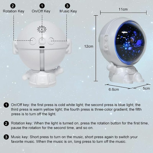 360° roterende astronaut projektor med 8 musik 3 projektionstemaer 4 lystilstande USB opladning
