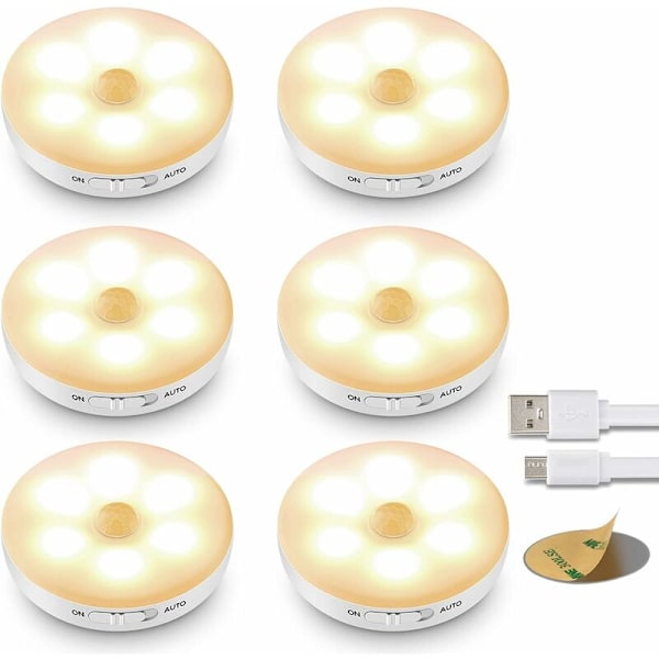 Inomhusrörelsesensorlampa (6-pack Gult), ICEKO-KN Laddningsbar Barnnattslampa, 3 Lägen (Auto/På/Av), Batteridriven LED Trapprörelsesensor