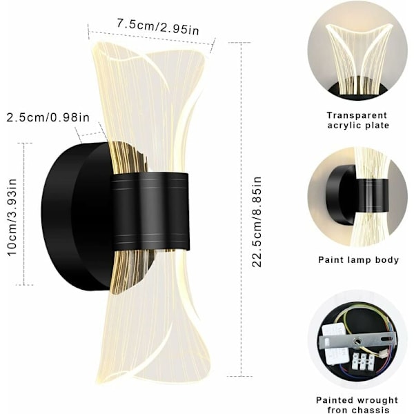 Dimbar LED-vägglampa inomhus, 10W modern LED-vägglampa kreativ design, akrylbelysning vägglampa för vardagsrum korridor sovrum trappor, svart