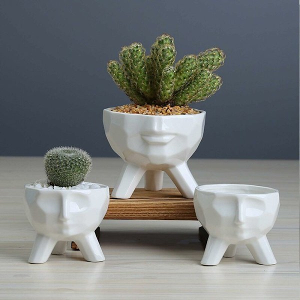 Vit Keramik Blomkruka Succulent Planter Krukor Kreativ Modern Stil Succulent Krukor Artistisk Ansiktsform Keramik Kaktus Bonsai Planterkruka