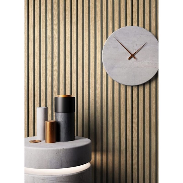 Non-woven Tapet Brun Natur Trä Lamell Vägg Look - 3D Väggbeklädnad Panel Balkar Dekor, 10.05 m x 0.53 m (L x B)