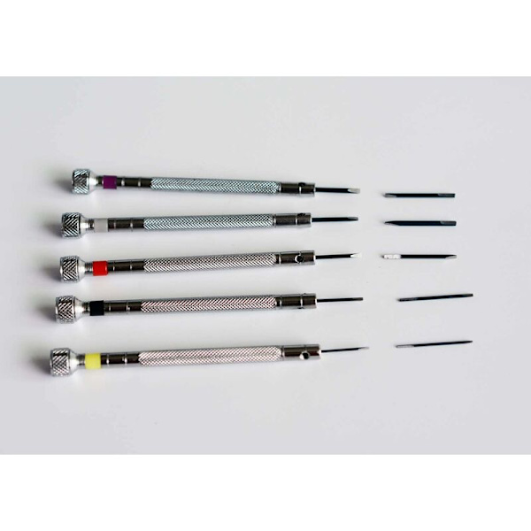 Set med 5 precisionsskruvmejslar för armbandsklockreparation med 5 extra blad