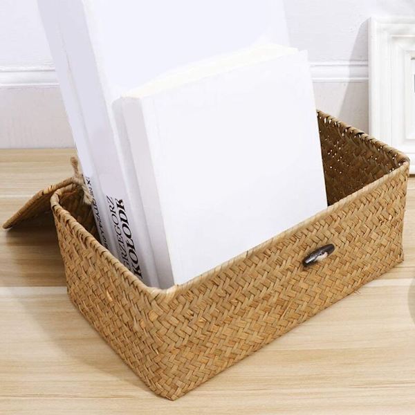 Rattan- ja Merilevästä Kudottu Säilytyskori, Käsintehty Monikäyttöinen Säiliö Kannella (10cm)