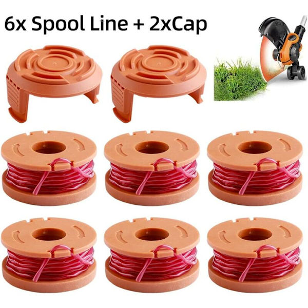 Set med 6 stycken trimmertråd WA0004.1 för alla WORX 20 V-trimmare (6 x 3 m lång, tråddiameter 1,65 mm) + 2 lock