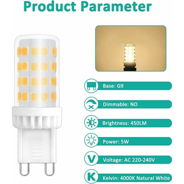 G9 5W LED-lampor, motsvarande 40W 50W halogenlampa, 450LM, neutralvit 4000K, AC 220V, standard G9-sockel, energisparande, för takbelysning, Ki