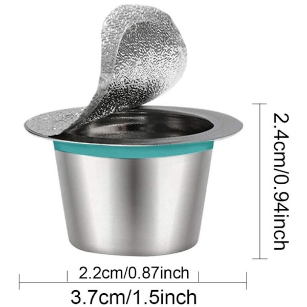 3 stk. Genanvendelige Kaffe Kapsler i Rustfrit Stål og 100 stk. Aluminium Låg, Genanvendeligt Filter til