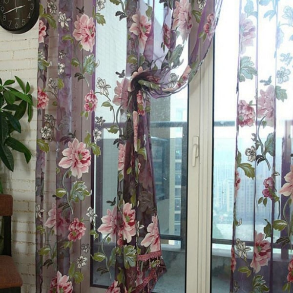Glassdør dekorativt gardin soverom peon blomst voile tyll gardin med blonder skinke anheng fransk vindu gjennomsiktig gardin, lilla