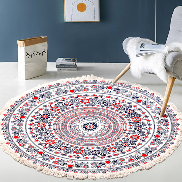 Rund Håndvævet Bomuldsmåtte til Stue - Mandala Mønster - Vintage Bohemian Stil - Med Kvaster - Maskinvaskbar - Til Soveværelse, Gang, Stue