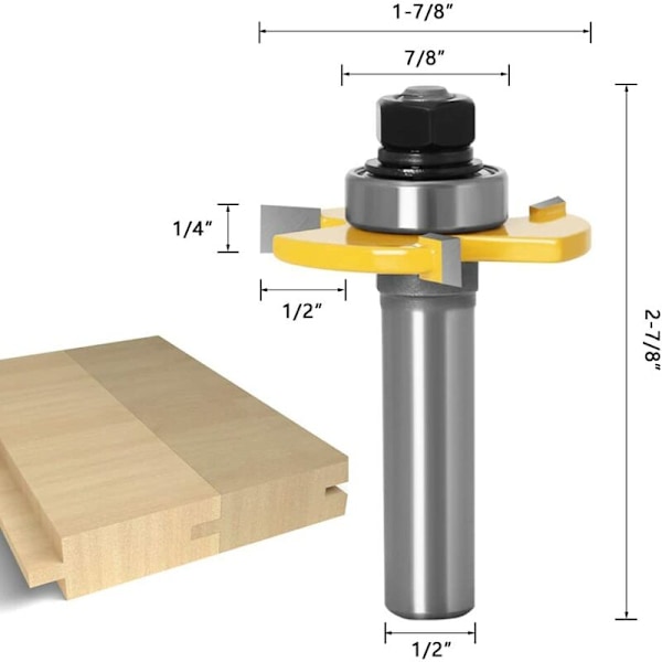 1/2 (12,7 mm) Varrenpäällysteinen kieli- ja ura-leikkurisarja, 3-teräinen T-muotoinen puuleikkuri, puuntyöstötyökalu