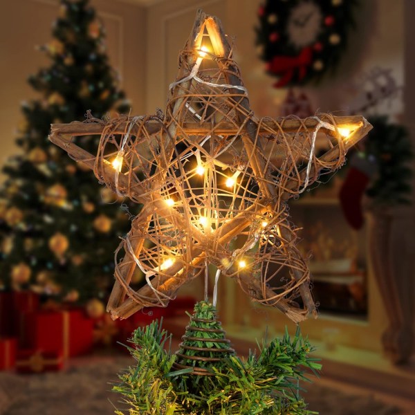 Julgransdekoration med 10 LED-lampor, rustik julgransdekoration i rotting, perfekt för julfest julgransdekoration