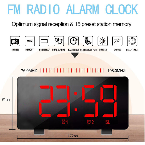 Digital väckarklocka, väckarklockor för sovrum med FM-radio, dubbla larm, 6'' LED-skärm, USB-port för laddning, 4 ljusstyrkor, 12/24H, automatisk dimmer