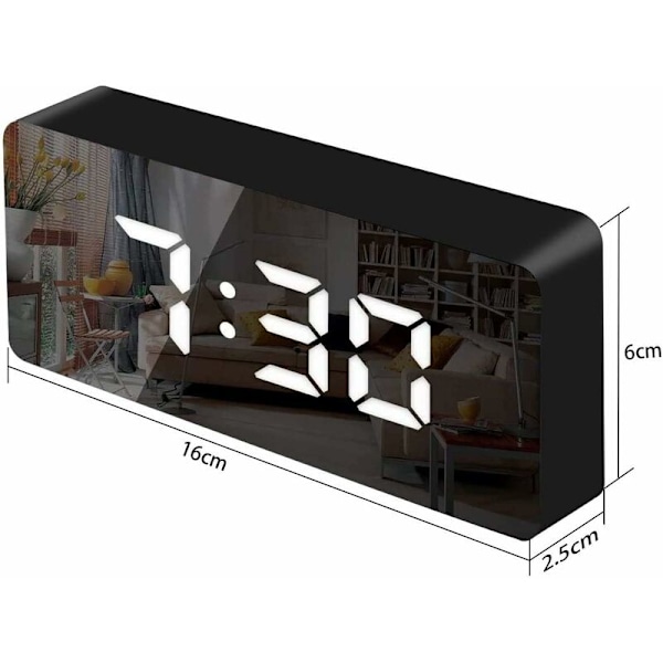 Spejl-vækkeur, Digitalt vækkeur med dato/temperatur/snooze/2 alarmer/USB-opladningsport LED-display, til rejser, soveværelse, kontor, køkken - Sort