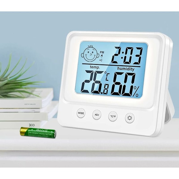 Indendørs termometer hygrometer, fugtighedssensor indendørs vejrstation, intelligent baggrundsbelysning, ur, dato, ℃/℉ omskiftelig, hjemmetermometer hygromet