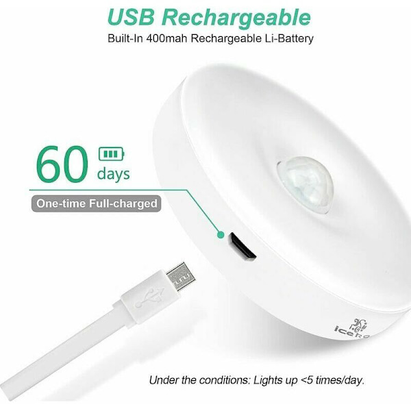 Automatisk LED Natlys, Indendørs Bevægelsessensor Lampe, Trådløse LED Lamper, 3 Tilstande (Auto/Tændt/Slukket), LED Skabslampe, USB Genopladelig Lampe til Vitrine