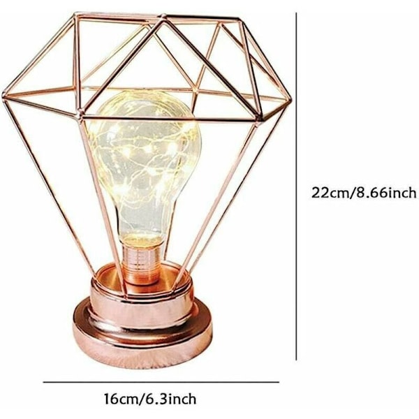 Sengelampe Dekorativ Natlampe, Diamantformet Retro Metal Bordlampe Batteridrevet Skrivebordslampe til Soveværelse, Stue, Bar, Hotel, Cafe (Rose
