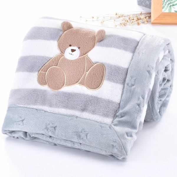 Babyfilt, Dubbellagers Mjuk Flanell Babyfilt Vintervarm Randig Plysch Toddlerfilt Mysig Vagnfilt (Grå Björ