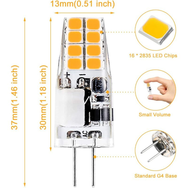 G4 LED-lampa 12V, 3000K Varmvit, 3W motsvarande 35W G4 Halogenlampa, 300 Lumen, Ej Dimbar, 10-pack