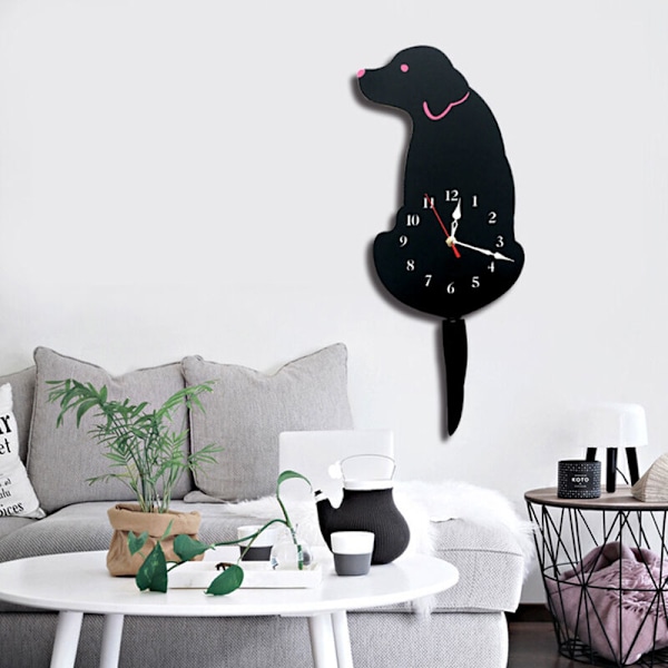 3D Creative Dog Acrylic Wall Clock with Silent Swinging Tail for Living Room Kitchen Bedroom Decoration - Except Battery (Black)