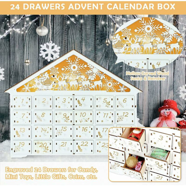 Fyldbar adventskalender 2023, adventskalender i træ, 24 julekalendere med LED-lys, nedtælling til jul, adventstid, gave til jul