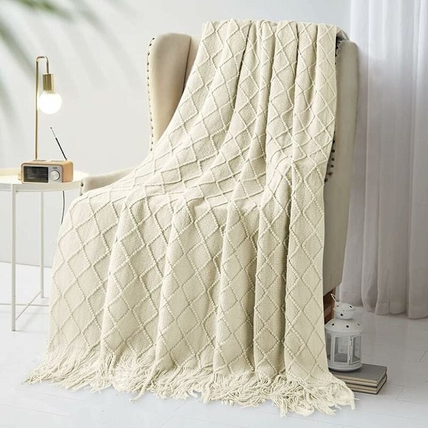 Rutete strikkede tepper, sengeteppe med frynser, strikkete teppe 150x200cm (Beige)