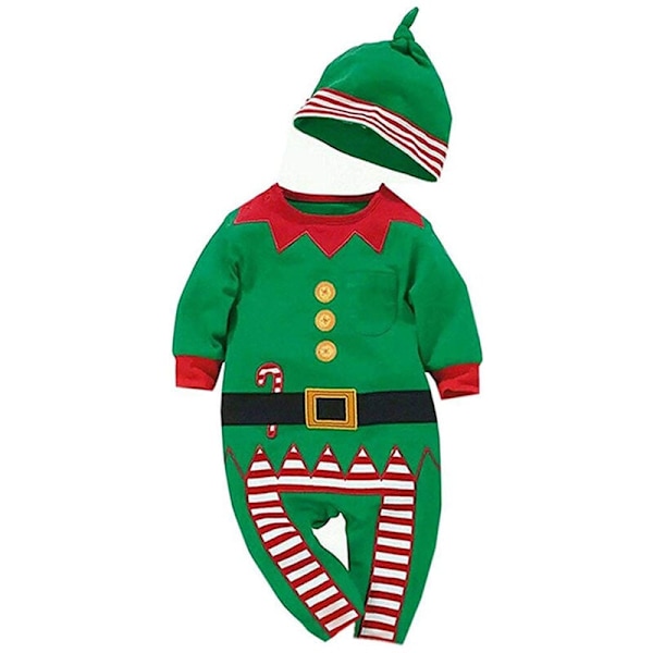 Pojk flickor jumpsuit romper juldräkt kläder set med hatt grön 100 cm