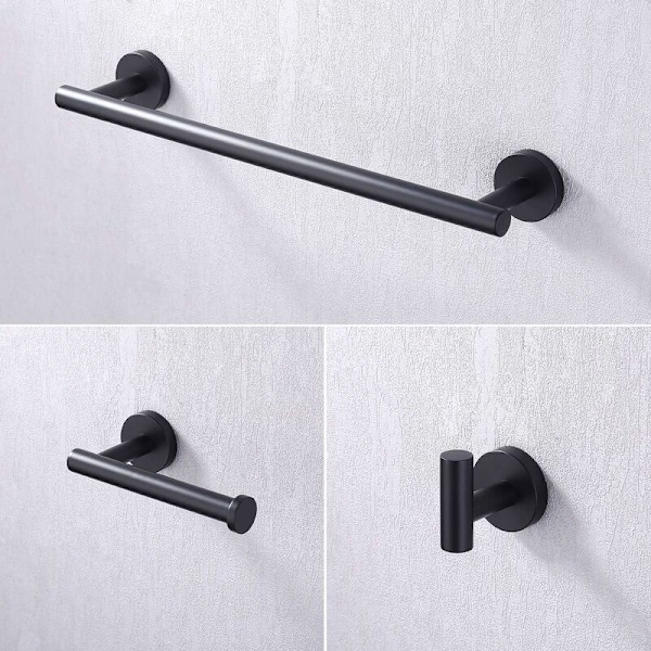 by Amazon Sort af Badeværelsestilbehør i Sort 3 Dele Håndklædeholder Toiletpapirholder Frakkeholder Væghængt 304 Rustfrit Stål Mat Sort, LA20BKDG-32-DENU
