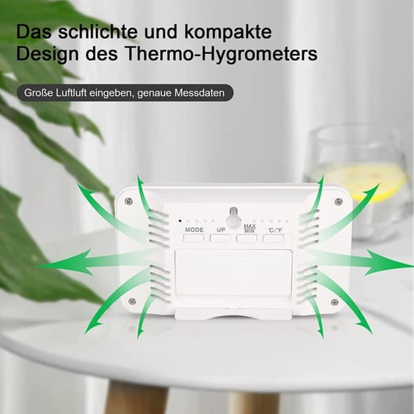 Termometer inomhus hygrometer med väckarklocka, LCD digital termometer, för sovrum, vardagsrum, vinkällare (vit)