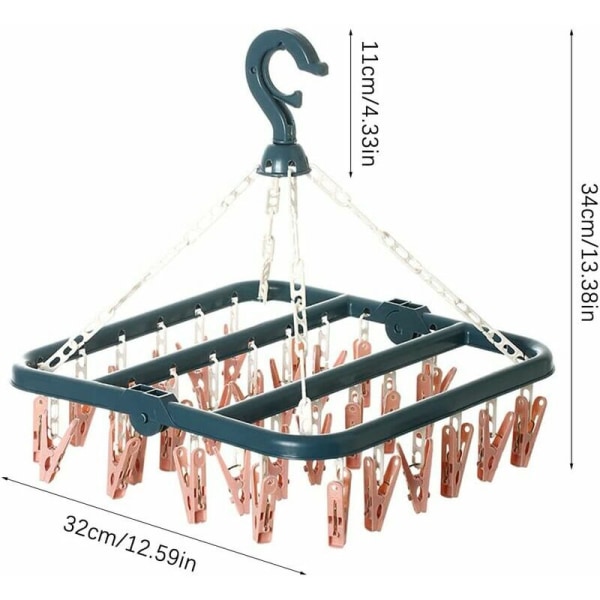 Sock Drying Rack, Sock Drying Rack med 32 klämmor för underkläder, strumpor, hållbara klädnypor i plast för inomhus- och utomhusbruk