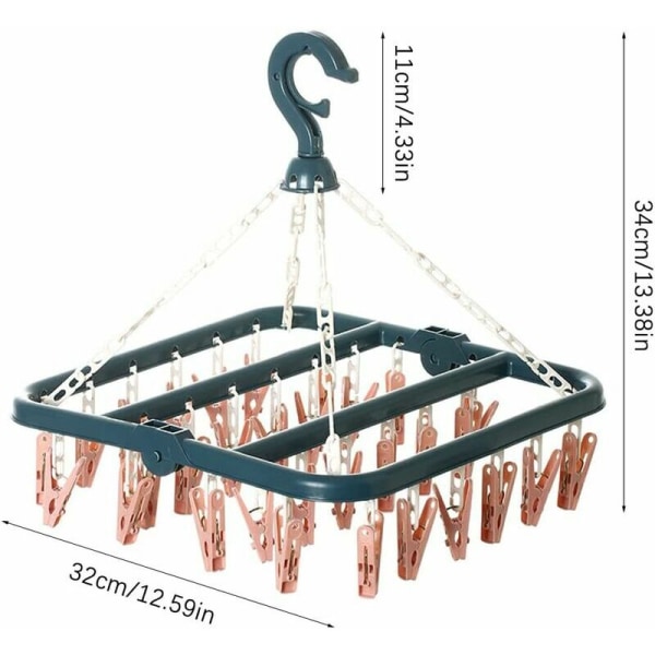 Sokketørrestativ, sokketørrestativ med 32 klemmer til undertøj, sokker, holdbare plastikklemmer til indendørs og udendørs brug