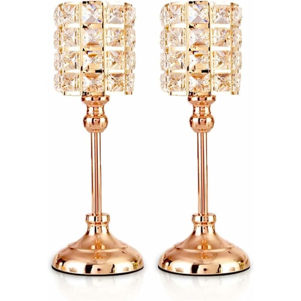 Gold Crystal Candle Holders 2 PCS Tea Light Metal Cylinder Luxurious Candlestick 29.5CM Height Candle Holder Ornaments for Christmas Living Room Wed