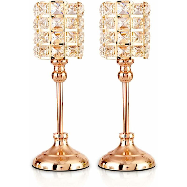 Guld Kristall Ljusstakar 2 st Tealight Metall Cylinder Lyxig Ljusstake 29.5CM Höjd Ljusstake Prydnader för Jul Vardagsrum Ons