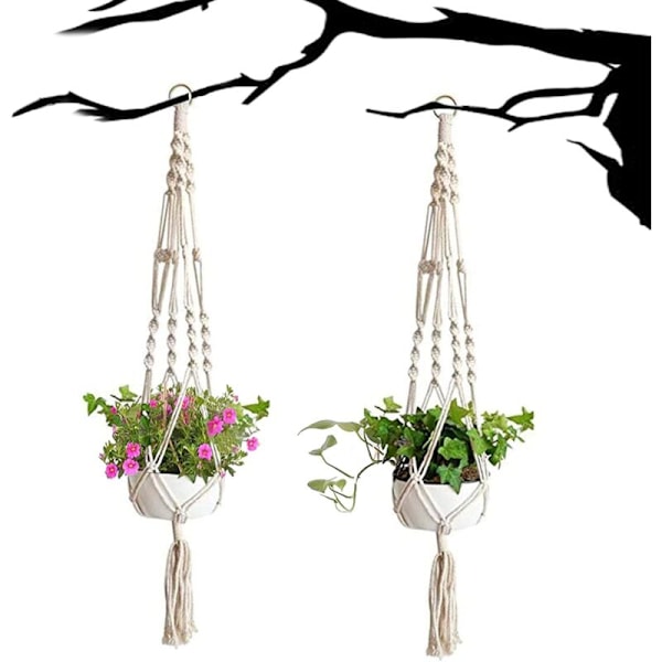 2-delad Hängande Repväxt Macrame, Bomullsrep Macrame Blomkorg Hängande Kvist Blomkruka för Heminredning, Kontorsodling, 4 Ben