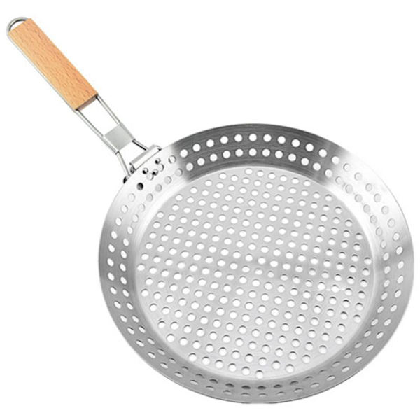 Rund Grillugn med Trähandtag, Vikbar, Rostfritt Stål, Grillning, Picknick, Camping, Utomhusverktyg