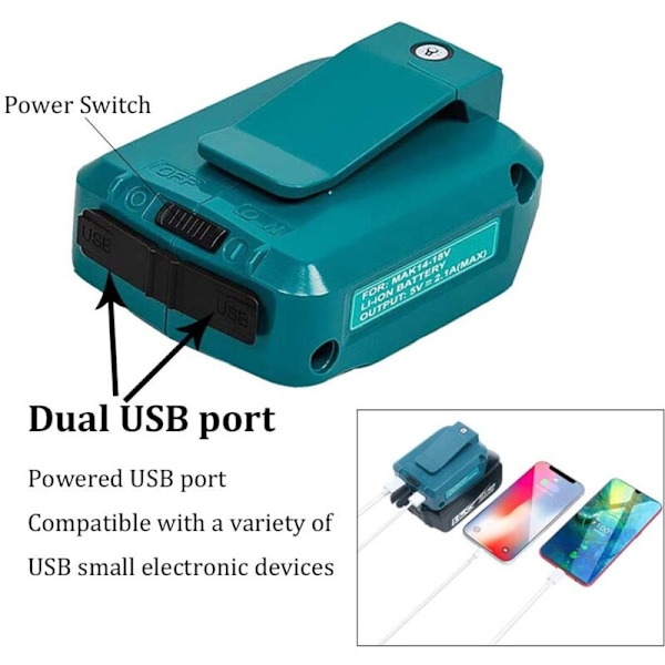 USB-laderadapter for strømforsyningslader med LED-lys, oppladbart litium-ion batteri ADP05 14.4V-18V