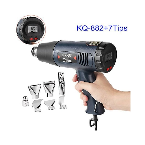 Digital LED elektrisk varmluftpistol 1800W med 7 stk. dyser trinløs justerbar temperaturstyret termisk blæser varmepistol nyeste Kq-882 med 7 dyser